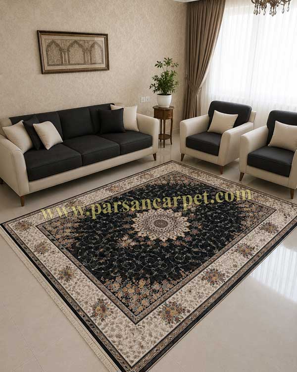 فرش 700 شانه دستباف گونه طرح مهرگان سرمه ای