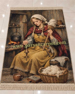 تابلو فرش فرانسوی طرح دختر نخ ریس