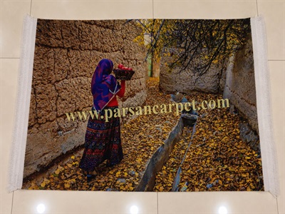 تابلو فرش ماشینی منظره چاپی دختر روستایی در کوچه باغ