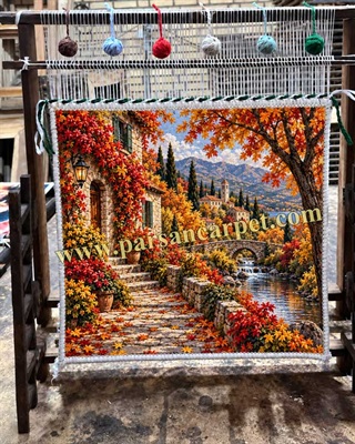 تابلو فرش روی دار قالی طرح منظره پاییزی