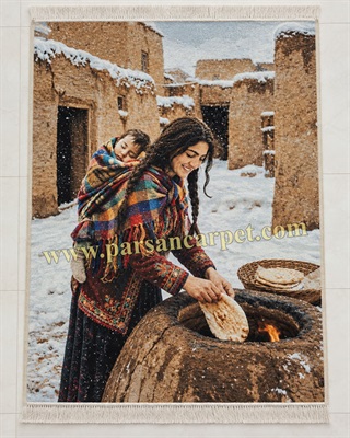 تابلو فرش چاپی چهره ایرانی طرح پخت نان
