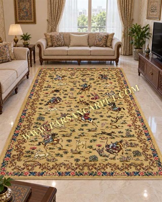 فرش 1700 شانه بژ ( خاکی) طرح شکارگاه