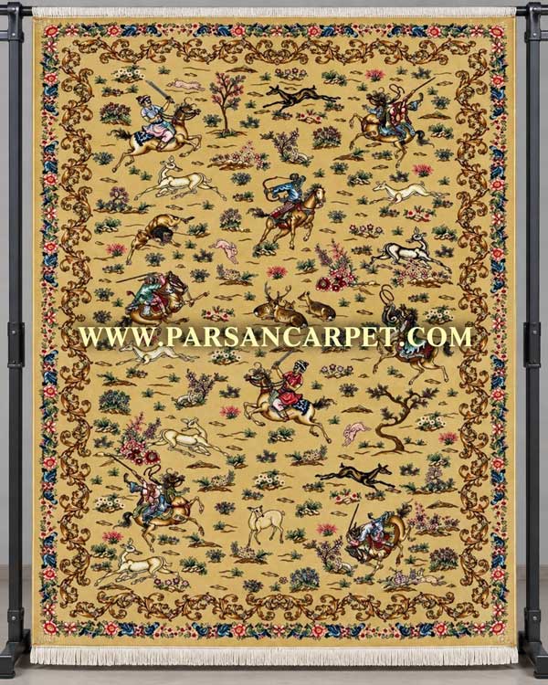 فرش 1700 شانه بژ ( خاکی) طرح شکارگاه