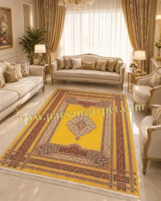 فرش ۱۷۰۰ شانه زرد طلایی طرح گل سرخ